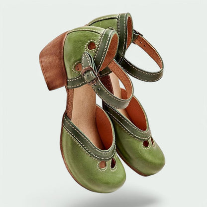 Layana – Bequeme Retro-Damenabsätze mit Schnalle in Grün und Leder