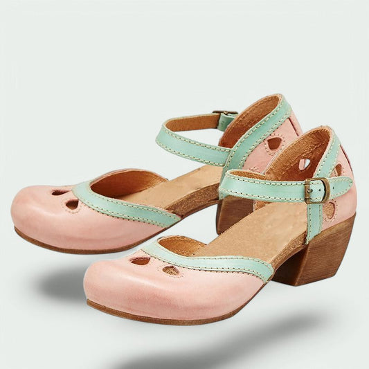 Layana – Bequeme Retro-Damenabsätze mit Schnalle in Grün und Leder