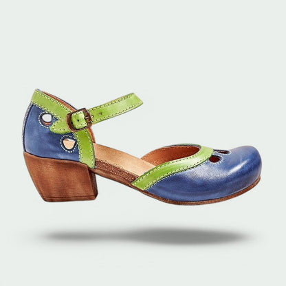 Layana – Bequeme Retro-Damenabsätze mit Schnalle in Grün und Leder