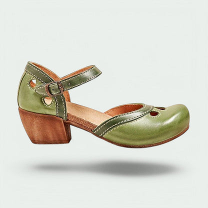 Layana – Bequeme Retro-Damenabsätze mit Schnalle in Grün und Leder