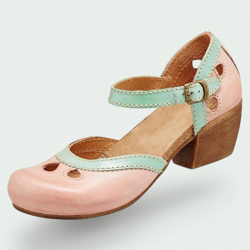 Layana – Bequeme Retro-Damenabsätze mit Schnalle in Grün und Leder