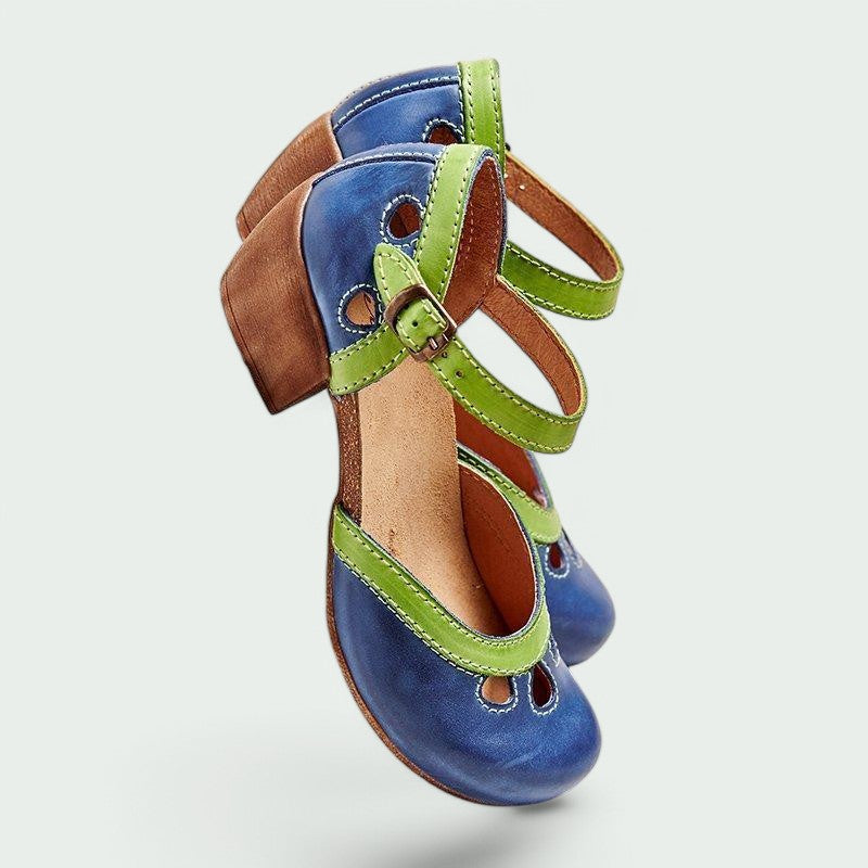 Layana – Bequeme Retro-Damenabsätze mit Schnalle in Grün und Leder