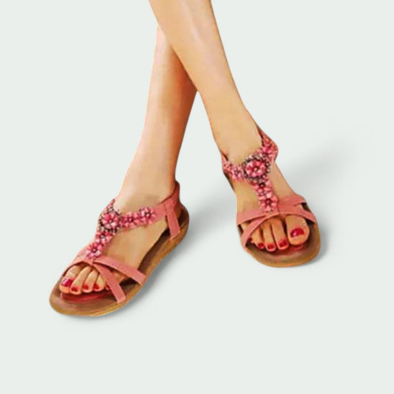 Flora – Stilvolle Damen-Sandalen mit Blumenmuster und Glitzer für den perfekten Strandlook
