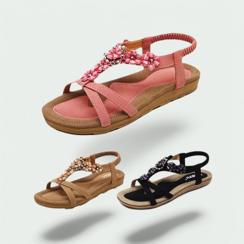 Flora – Stilvolle Damen-Sandalen mit Blumenmuster und Glitzer für den perfekten Strandlook