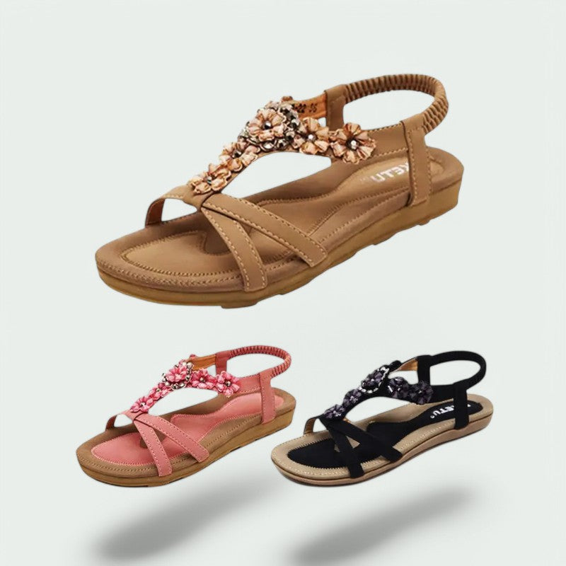 Flora – Stilvolle Damen-Sandalen mit Blumenmuster und Glitzer für den perfekten Strandlook