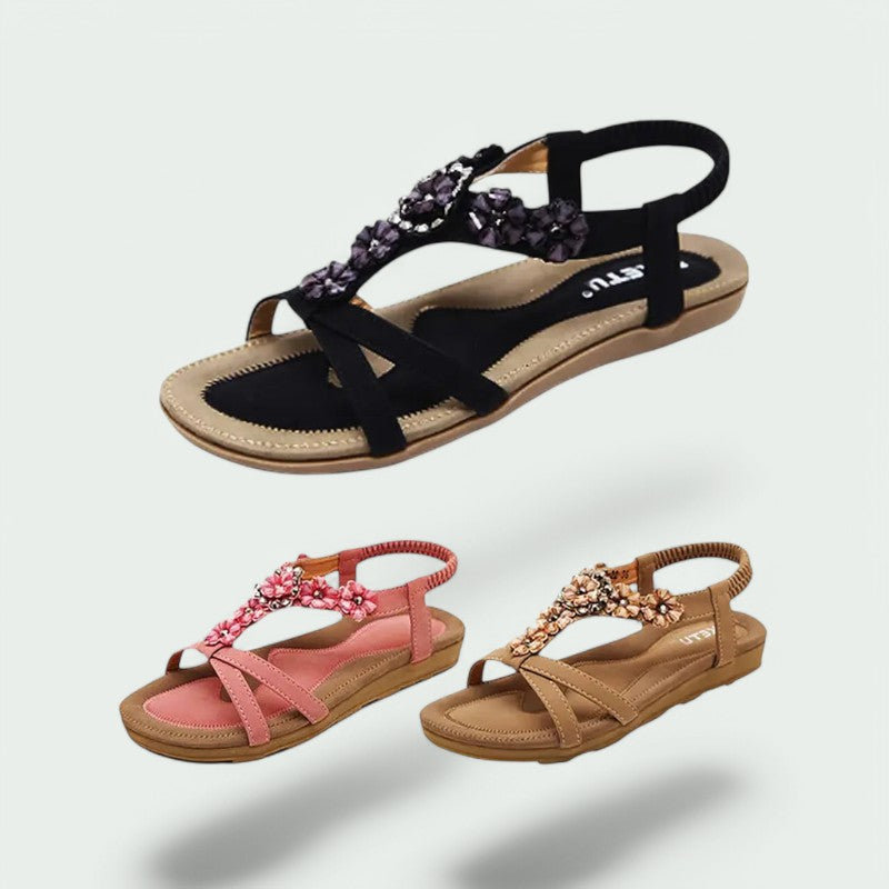 Flora – Stilvolle Damen-Sandalen mit Blumenmuster und Glitzer für den perfekten Strandlook